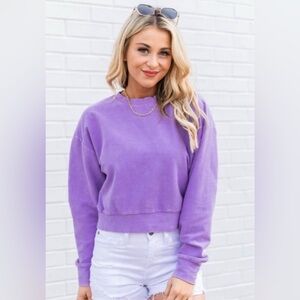 Pink Lily Stellar Weekend Purple Acid Wash Cropped Cord Sweatshirt